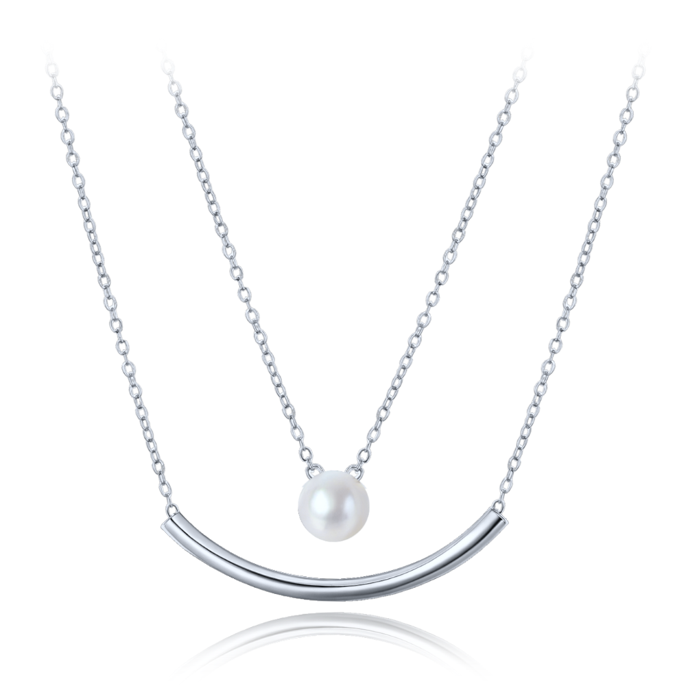 MINET Dvojitý stříbrný náhrdelník s přírodní perlou JMAS7060SN45