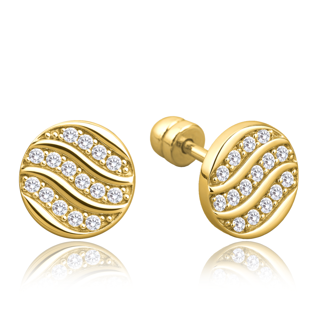 MINET Elegantní zlaté náušnice kolečka na šroubek s bílými zirkony Au 585/1000 1,60g