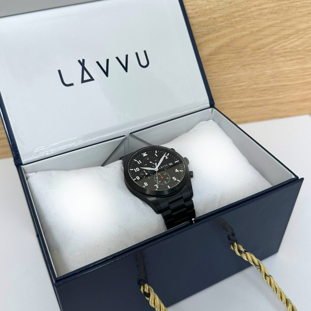LAVVU Pánské titanové hodinky PILOT Chronograph Black 100M Sapphire
