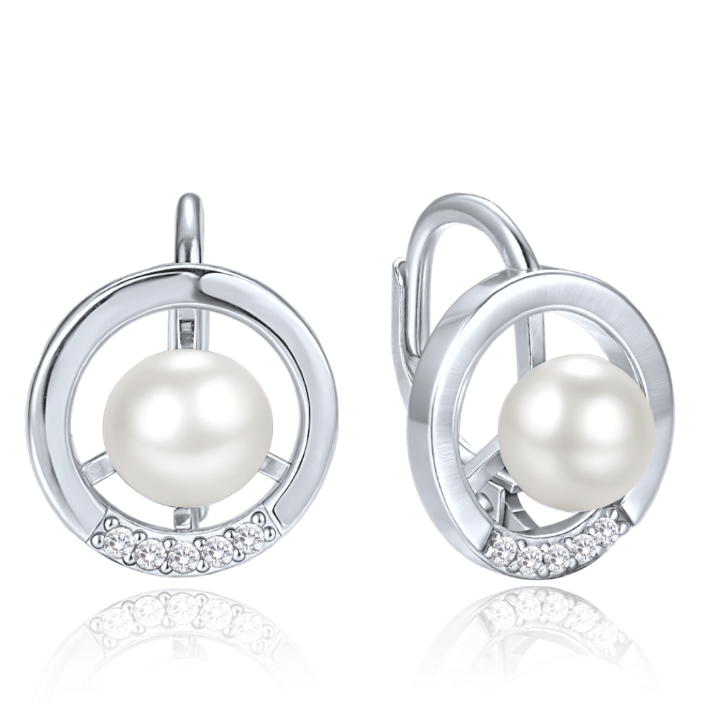 MINET Elegantní stříbrné náušnice kroužky s perlou a zirkony