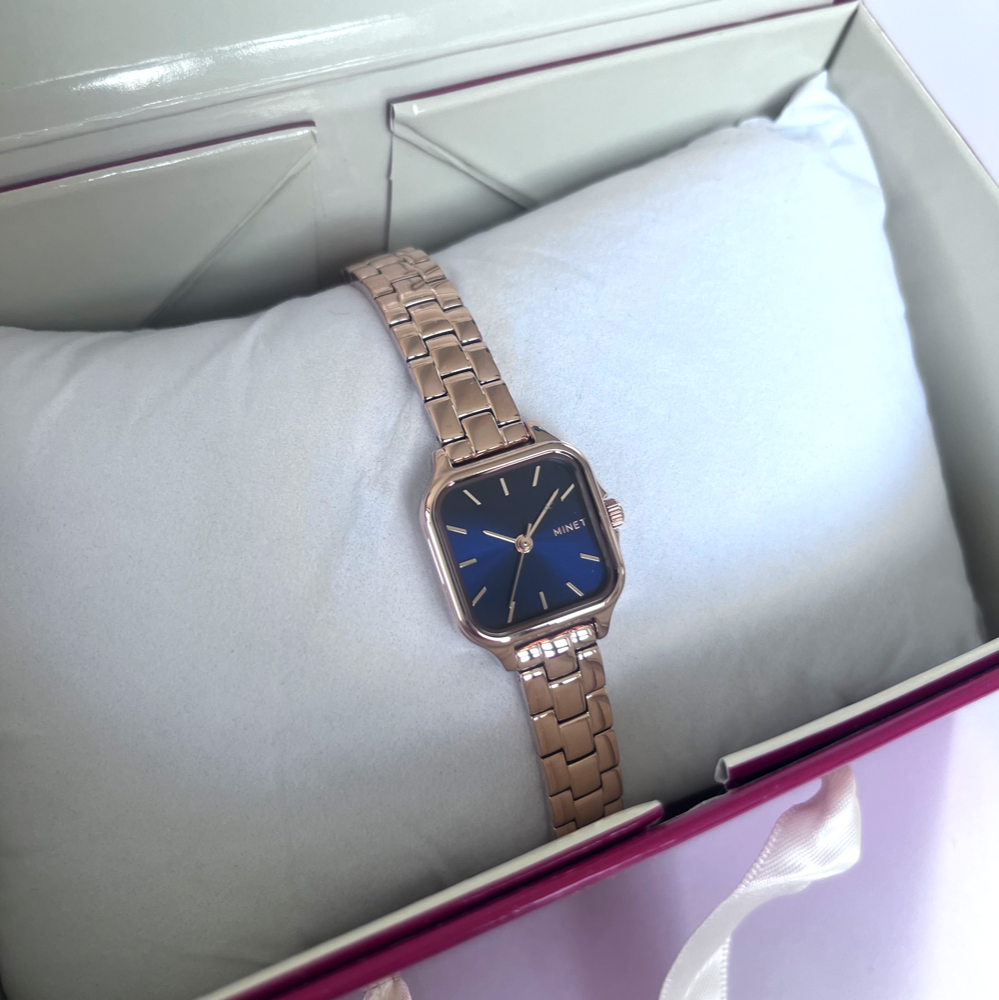 MINET Rose gold-modré dámské hodinky GRACE s ocelovým řemínkem