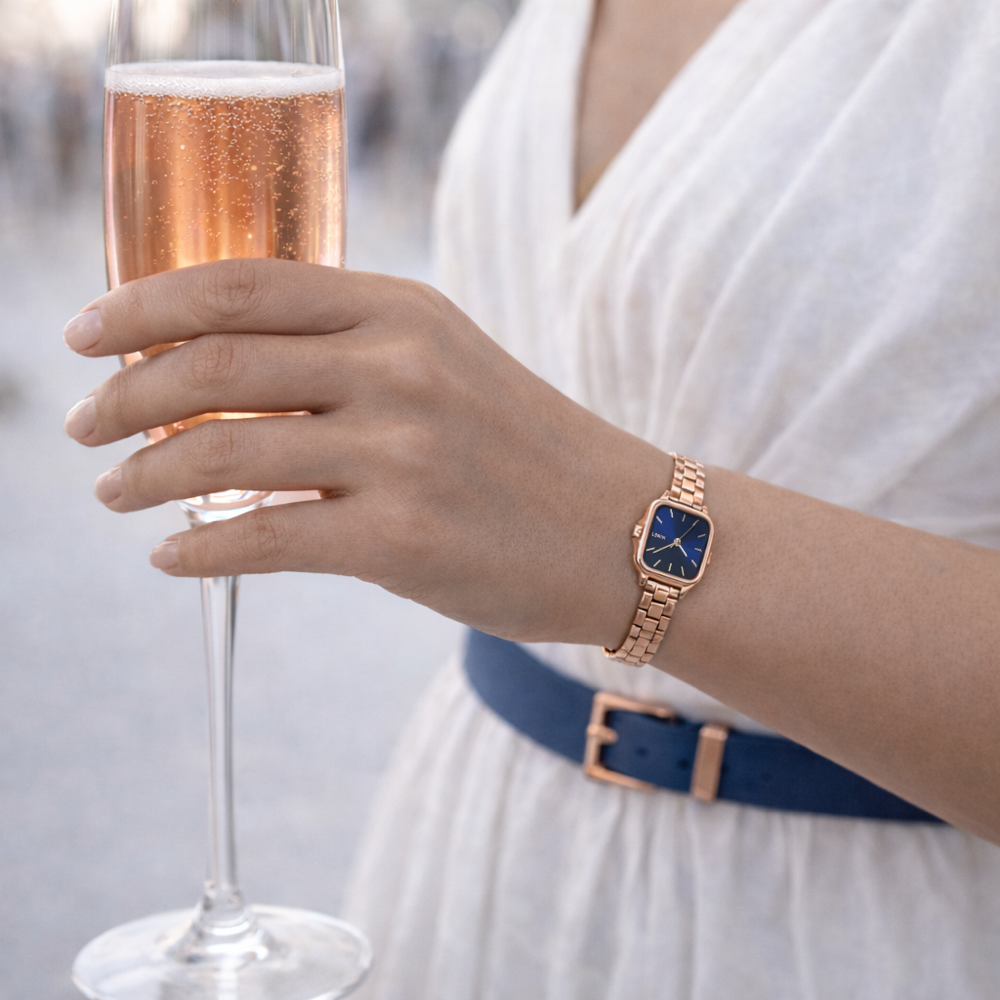 MINET Rose gold-modré dámské hodinky GRACE s ocelovým řemínkem