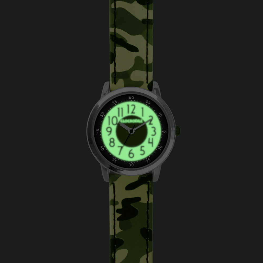 CLOCKODILE Svítící zelené chlapecké dětské hodinky ARMY s maskáčovým vzorem