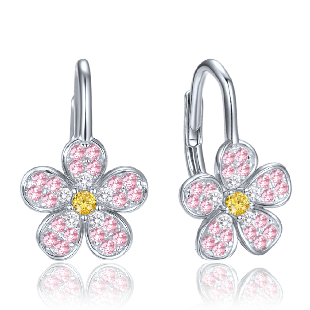 MINET Dětské stříbrné náušnice kytička s růžovými, bílými a žlutými zirkony