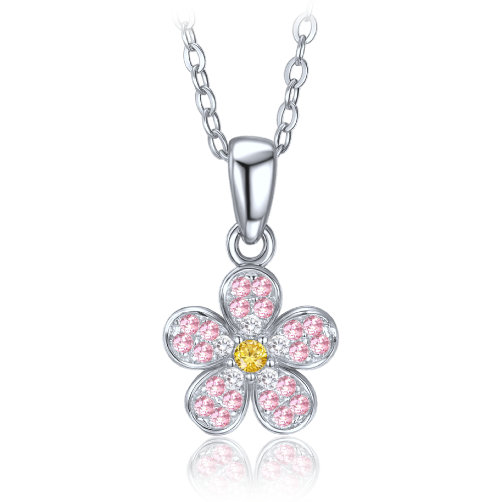 MINET Dětský stříbrný náhrdelník kytička s růžovým, bílým a žlutým zirkonem