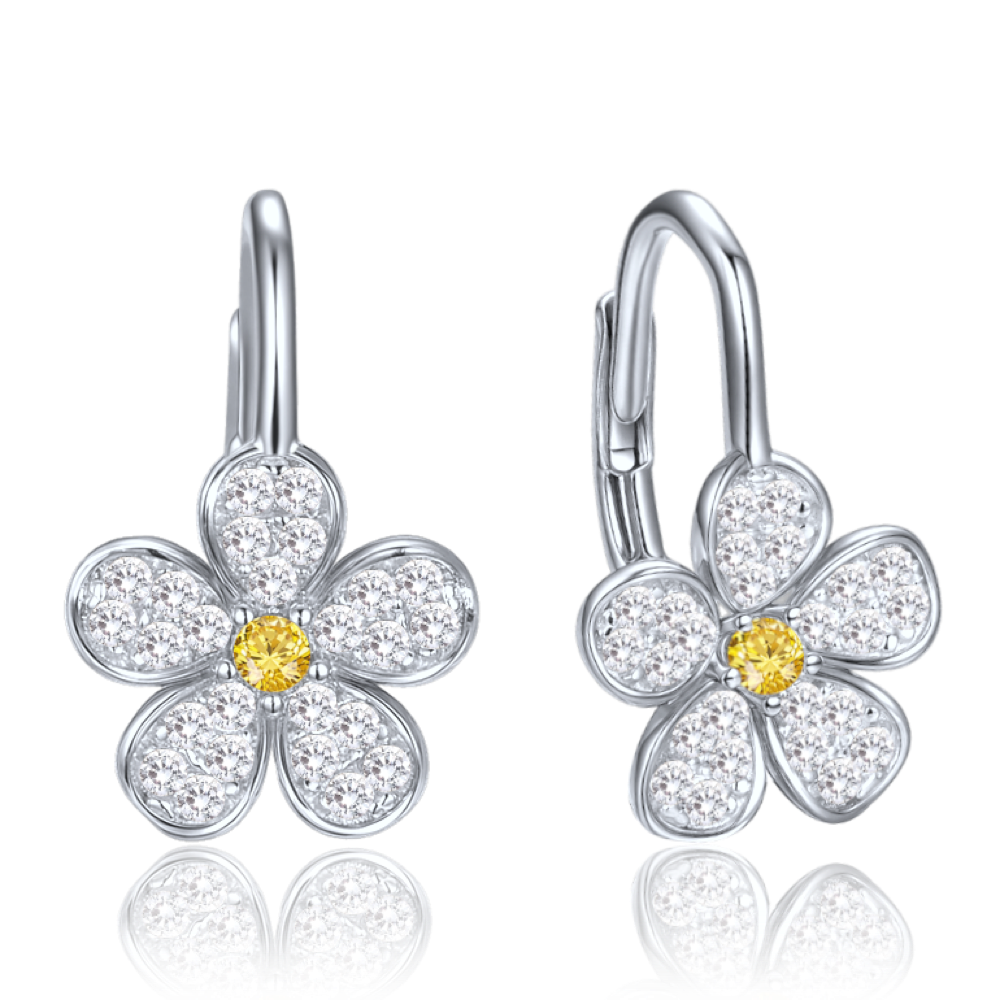 MINET Dětské stříbrné náušnice kytička se žlutými a bílými zirkony