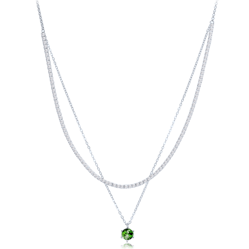 MINET Elegantní dvojitý stříbrný náhrdelník se zeleným a bílým zirkonem