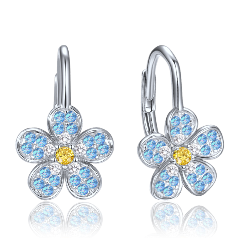MINET Dětské stříbrné náušnice kytička s modrými, bílými a žlutými zirkony