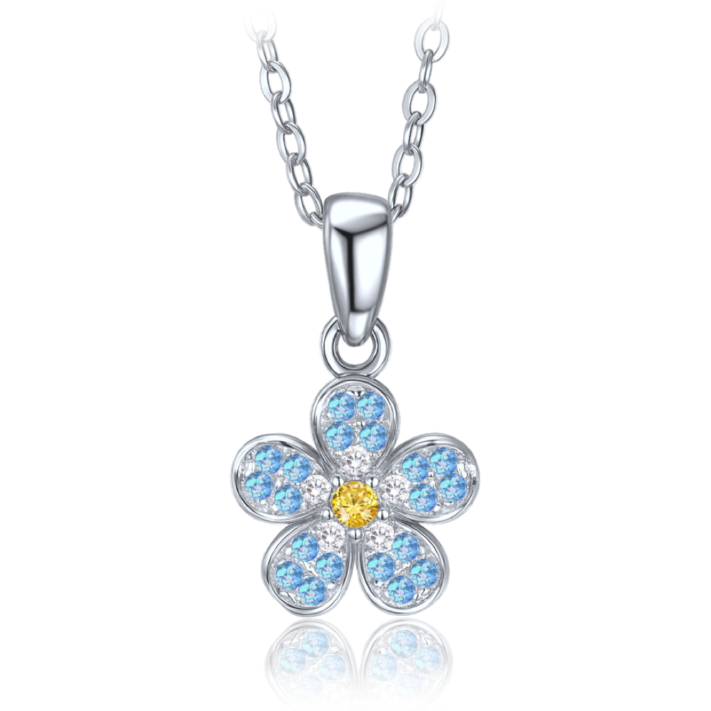 MINET Dětský stříbrný náhrdelník kytička s modrým, bílým a žlutým zirkonem