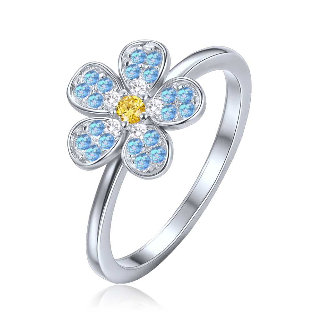 MINET Dětský stříbrný prsten kytička s modrým, bílým a žlutým zirkonem vel. 55