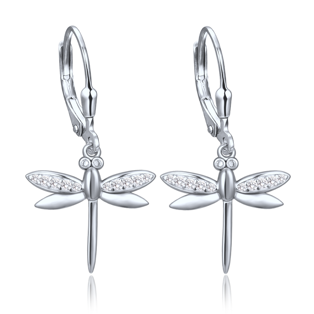 MINET Stříbrné náušnice vážka s bílými zirkony