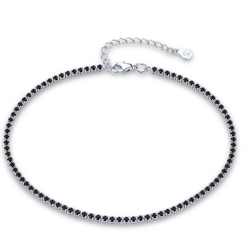 MINET Stříbrný tenisový řetízek na kotník s černým zirkonem