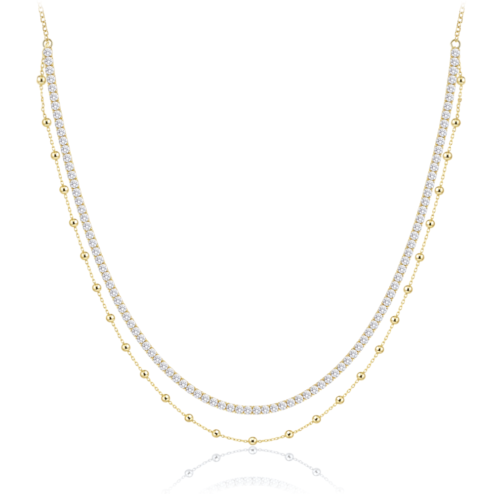 MINET Elegantní dvojitý pozlacený stříbrný náhrdelník s bílým zirkonem