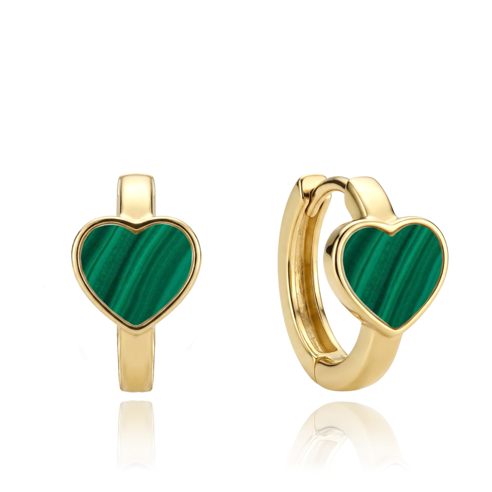 MINET Zlaté náušnice srdíčka se zeleným malachitem Au 585/1000 2,45g