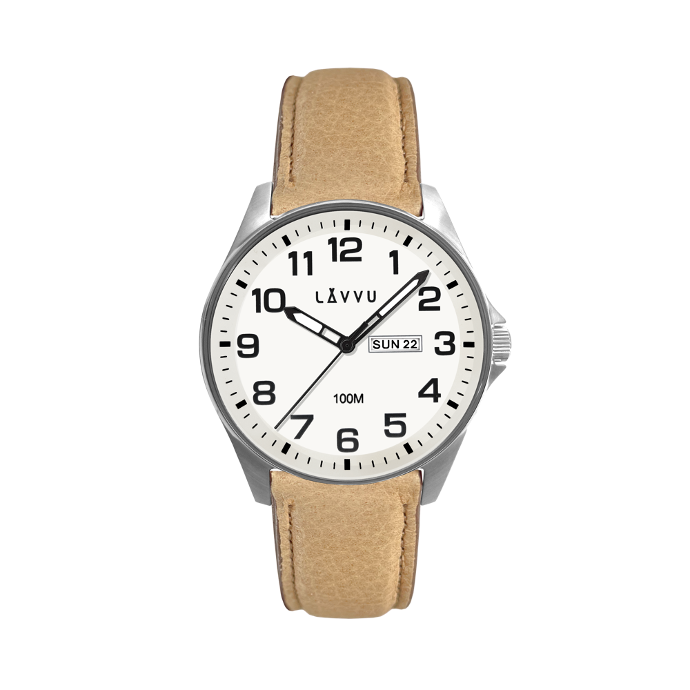 LAVVU Ocelové pánské hodinky BERGEN White / Top Grain Leather se svítícím číselníkem LWM0149