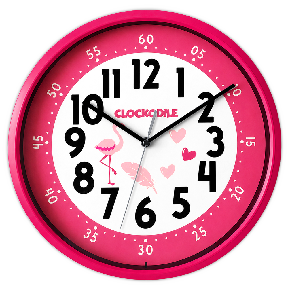 CLOCKODILE Růžové dětské hodiny PLAMEŇÁK SE SRDÍČKY