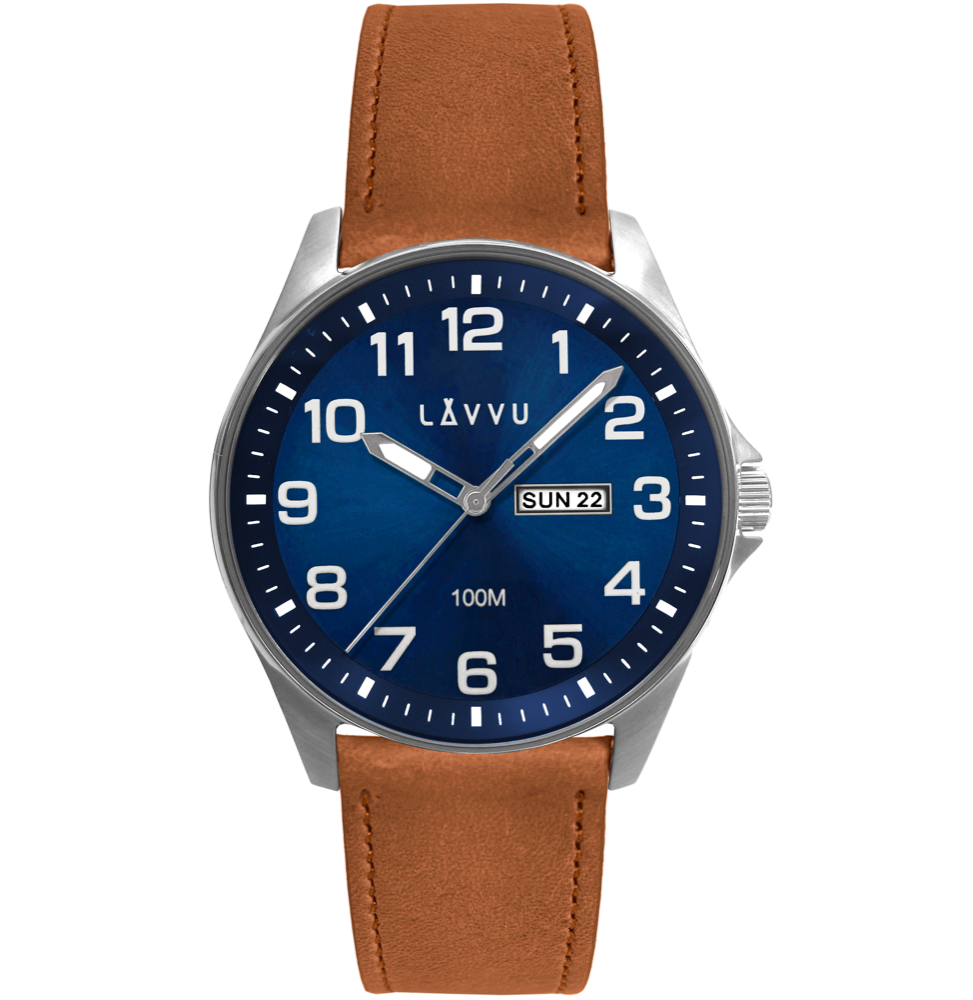 LAVVU Ocelové pánské hodinky BERGEN Blue / Top Grain Leather se svítícími čísly LWM0350