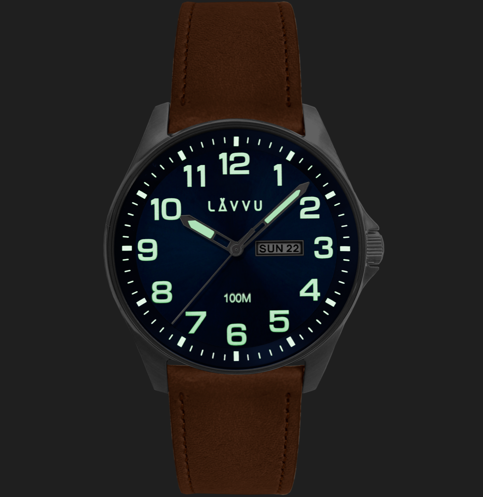 LAVVU Ocelové pánské hodinky BERGEN Blue / Top Grain Leather se svítícími čísly LWM0350
