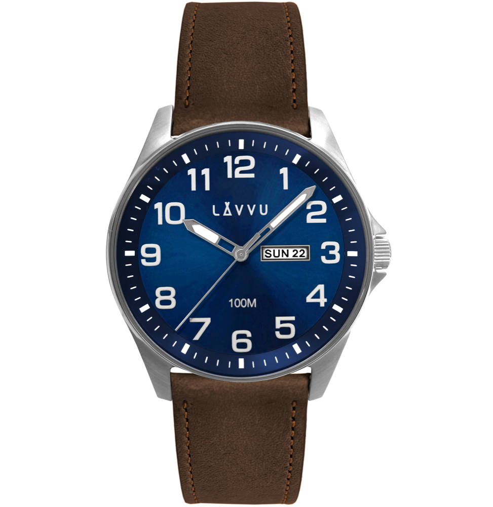 LAVVU Ocelové pánské hodinky BERGEN Blue / Top Grain Leather se svítícími čísly LWM0351