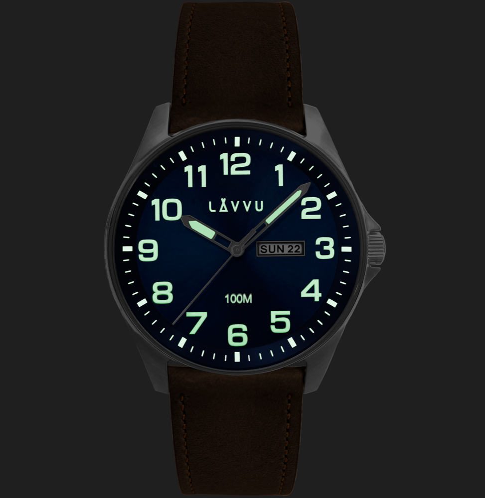 LAVVU Ocelové pánské hodinky BERGEN Blue / Top Grain Leather se svítícími čísly LWM0351