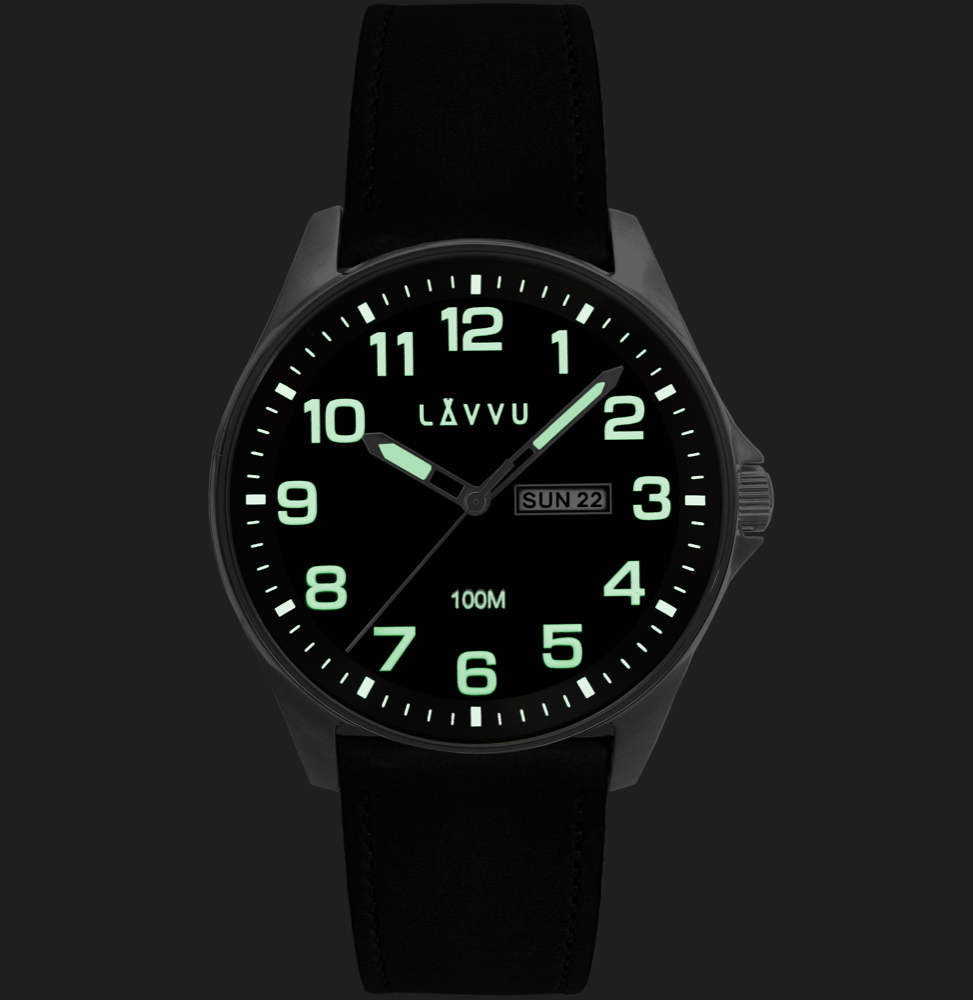 LAVVU Ocelové pánské hodinky BERGEN Black / Top Grain Leather se svítícími čísly LWM0352