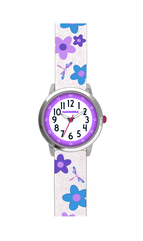 Květované bílo-fialové dívčí hodinky CLOCKODILE FLOWERS se třpytkami